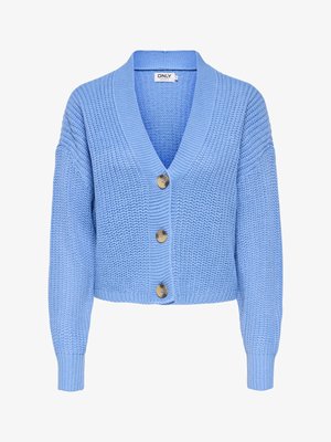 Világoskék kötött kardigán három barna gombbal, V-nyakú nyakkal, hosszú ujjal, rövidített fazon, "ONLY" márkajelzés a nyak alatt.