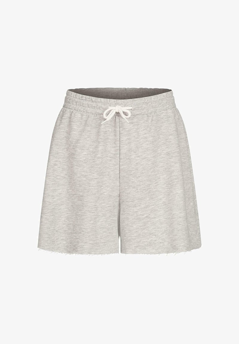 Gray cotton shorts with an elastic waistband, front drawstring, and raw hem. Soft texture and casual design suitable for leisure wear.