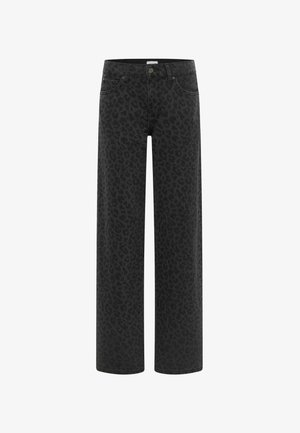 Melnu leoparda raksta plaša piegriezuma džinsi ar augstu vidukli, aiztaisāmi ar pogu un klasisku piecu kabatu stilu. Izgatavoti no teksturēta džinsa auduma.