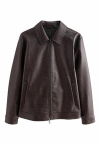 Bruine leren jas met een gestructureerd krokodillenpatroon. Heeft een kraag, een ritssluiting aan de voorkant en twee zijzakken. Ontworpen in een relaxte pasvorm.