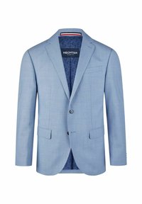Hellblaues Blazer aus gewebtem Stoff, mit Reverskragen, einem Knopfverschluss und zwei Taschen. Das Innenfutter hat ein gemustertes Design.
