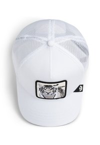 White baseball cap with mesh back, featuring a tiger embroidered patch on the front and a black accent logo on the side.