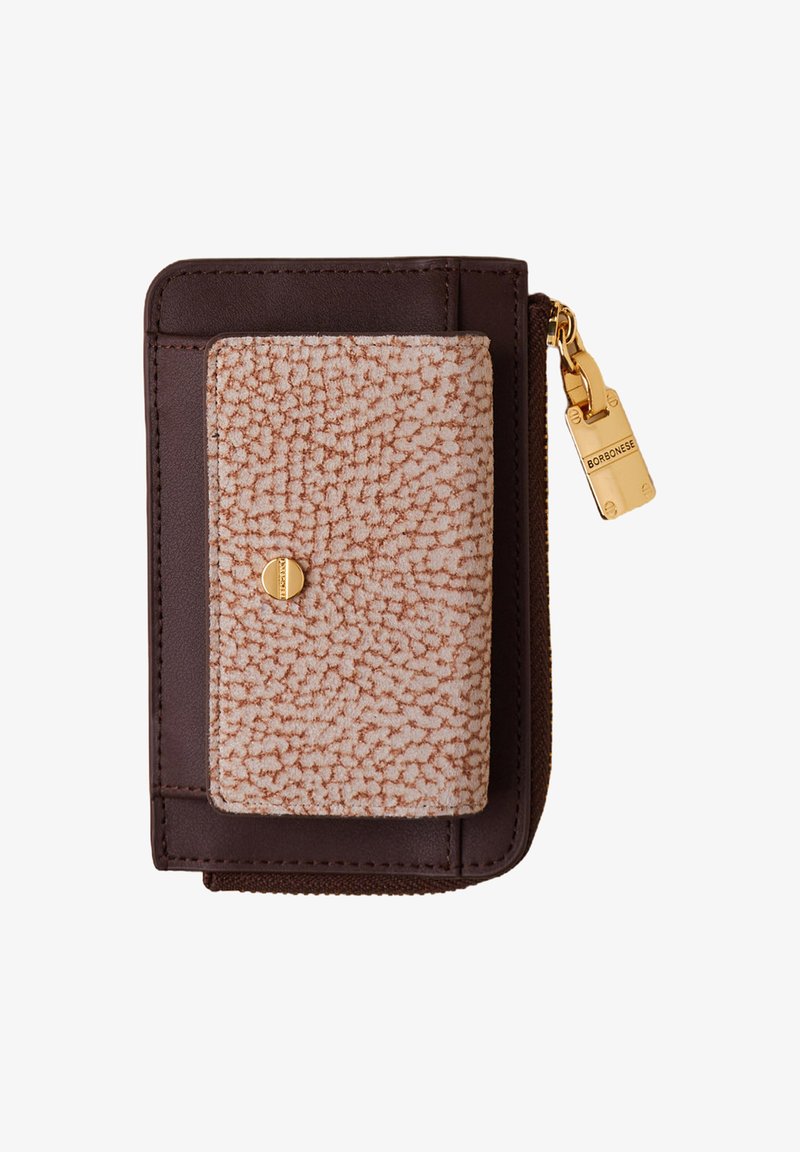 Brown leather wallet with textured beige panel, gold hardware, and zip closure. Features a round button and brand tag on the side.