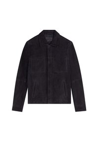Zwarte suede jas met een rechte snit, puntige kraag, twee borstzakken en twee zijslitszakken. Soepele textuur, minimalistische detailing.