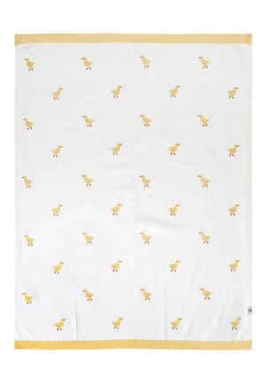 White blanket with small yellow duckling patterns scattered evenly and yellow ribbed edges on top and bottom.