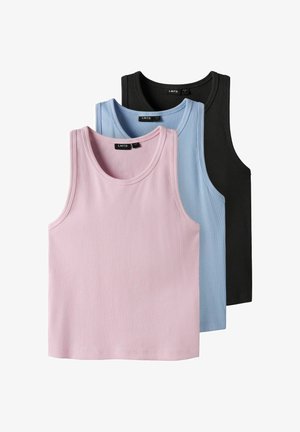 Three ribbed tank tops in pink, light blue, and black. Each features a round neck and thick straps, made from soft fabric.