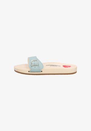 Light blue leather sandal with a silver buckle, wooden footbed, and tan rubber sole. Features minimalistic design and flat profile.