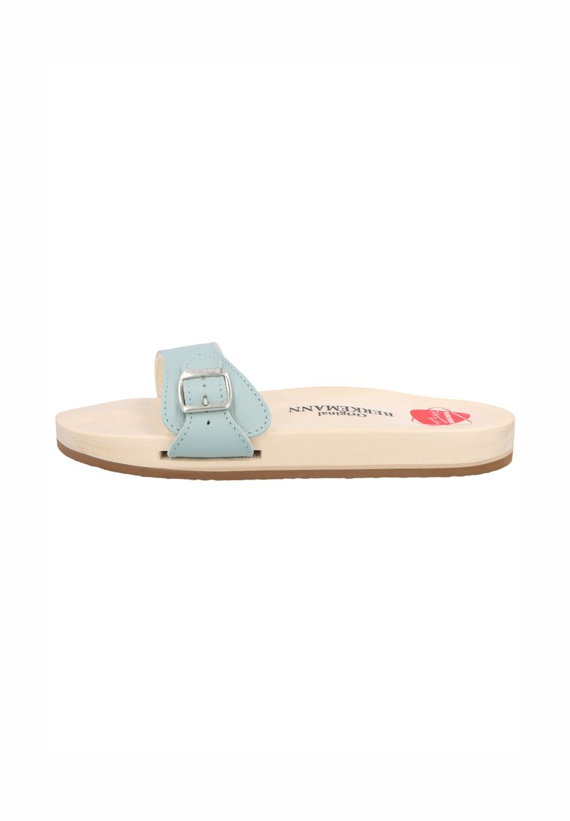 Light blue leather sandal with a silver buckle, wooden footbed, and tan rubber sole. Features minimalistic design and flat profile.