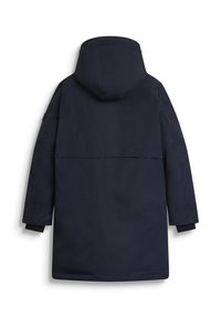 Mornarsko plavi parka s kapuljačom, s dugim rukavima, ravnog kroja, elastičnim manžetama i velikim stražnjim džepom. Glatka tekstura i minimalistički dizajn.