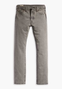 Jean en denim gris avec fermeture par bouton et zip, passants pour ceinture et poches avant, présenté à plat sur fond blanc.