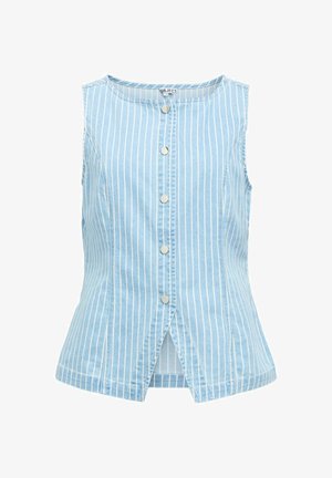 Haut sans manches bleu clair avec des rayures blanches verticales, encolure ronde, six boutons métalliques à l'avant et une fente à l'avant de l'ourlet.