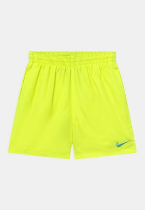 Calções atléticos em amarelo néon com um cós elástico e bolsos laterais. Apresenta um pequeno logo da Nike em azul na parte inferior direita da frente.