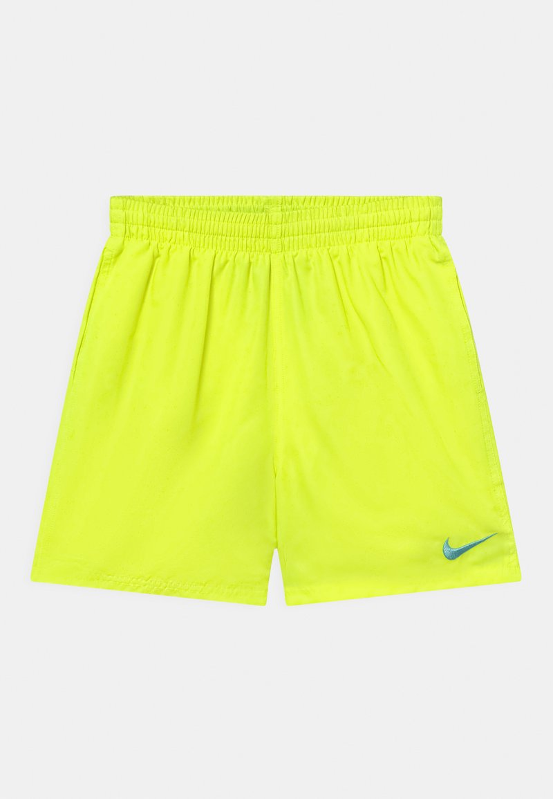 Pantalones cortos deportivos de color amarillo neón con cintura elástica y bolsillos laterales. Presenta un pequeño logo de Nike en azul en la parte inferior derecha delantera.