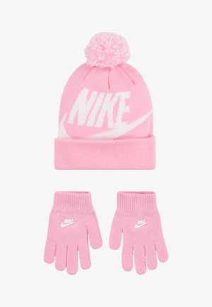 Gorro de malha rosa com um logotipo branco e pom-pom no topo, combinado com luvas coordenadas que possuem um logotipo branco no pulso.