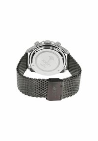 Silberfarbene Chronograph-Uhr mit strukturiertem schwarzem Mesh-Armband, Gehäuse aus Edelstahl und sichtbarem Logo-Detail auf der Schließe und der Gehäuserückseite.