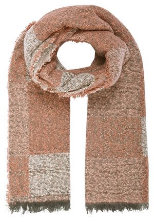 Zachte gebreide sjaal in gedempte oranje en beige blokken, in een lus gelegd met franjes aan beide uiteinden, getoond op een witte achtergrond.