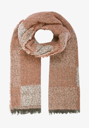 Écharpe en maille douce aux tons orange pâle et beige, bouclée avec des bords à franges aux deux extrémités, présentée sur fond blanc.