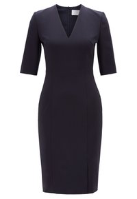 Marinblå knälång klänning, figursydd design, V-ringning, halvlånga ärmar, slät textur, dragkedja i ryggen, minimalistisk stil utan mönster.