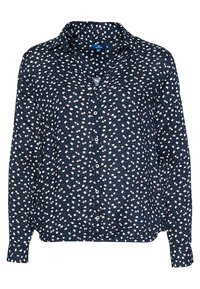 Button-up shirt in dark navy fabric, featuring a floral pattern in pink and white. Long sleeves with a classic collar and button closure.