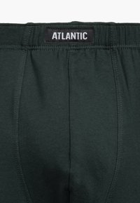 Męskie ciemnozielone slipy z elastycznym pasem, z czarną metką oznaczoną "ATLANTIC". Gładki, elastyczny materiał. Brak widocznych wzorów.