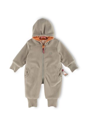 Szary kombinezon niemowlęcy z polaru z kapturem, przednim zamkiem błyskawicznym i pomarańczową podszewką. Posiada dwie boczne kieszenie oraz ozdobną zawieszkę w kształcie królika.