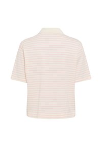Weißes Kurzarm-Poloshirt mit hellrosa horizontalen Streifen, von hinten gezeigt.
