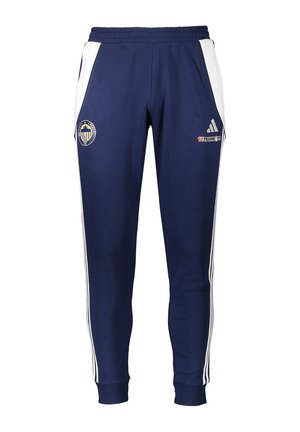 Marineblaue Sporthose mit weißen Seitenstreifen, elastischen Bündchen und Logos vorne an den linken und rechten Oberschenkeln.