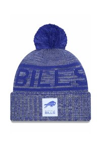Blauer Strickmütze mit einem Pompom oben, ausgestattet mit einem strukturierten Design und einem weißen Etikett mit einem blauen Büffel-Logo sowie dem Text "BUFFALO BILLS".