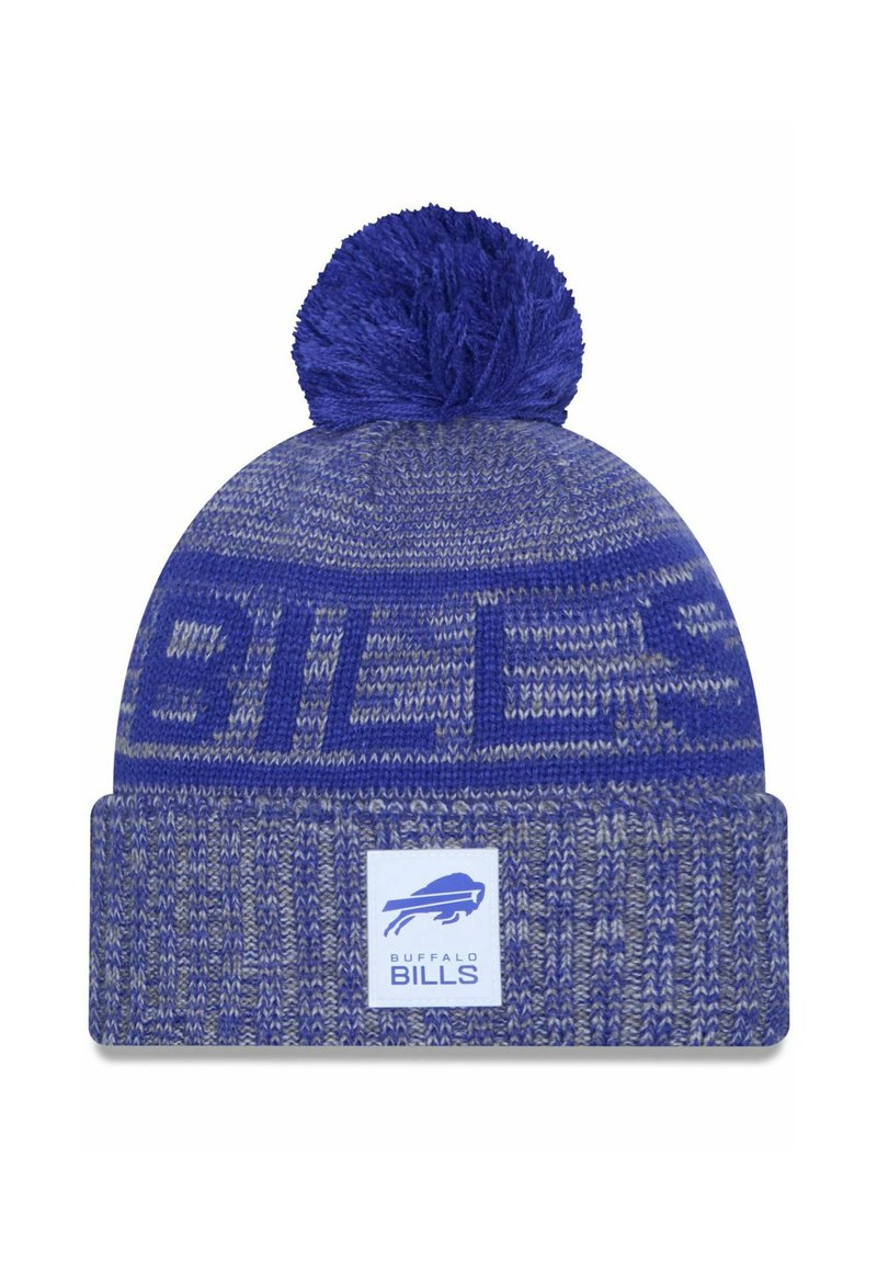 Blauer Strickmütze mit einem Pompom oben, ausgestattet mit einem strukturierten Design und einem weißen Etikett mit einem blauen Büffel-Logo sowie dem Text "BUFFALO BILLS".