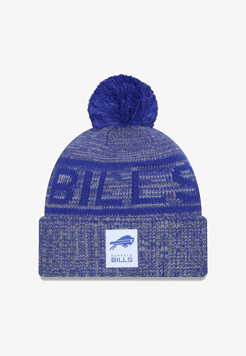 Blauer Strickmütze mit einem Pompom oben, ausgestattet mit einem strukturierten Design und einem weißen Etikett mit einem blauen Büffel-Logo sowie dem Text "BUFFALO BILLS".