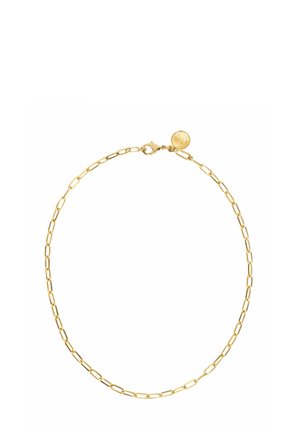 Zarte goldene Halskette mit länglichen ovalen Gliedern und einem kleinen runden Anhänger nahe dem Karabinerverschluss.