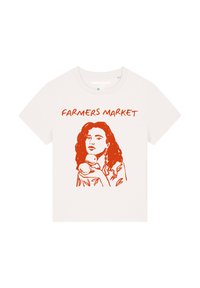T-shirt en coton blanc avec une illustration graphique rouge représentant une personne tenant des fruits, avec le texte "MARCHÉ DES PRODUCTEURS" en gras au-dessus.