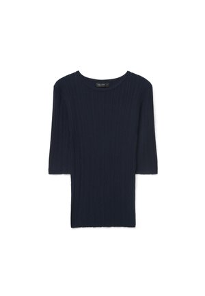 Haut en maille côtelée bleu marine avec manches trois-quarts et col rond, taille petite.