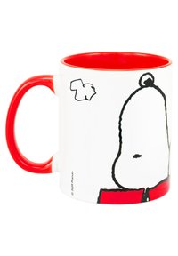 Tazza in ceramica con un'esterno bianco e un interno rosso. Presenta un personaggio dei cartoni animati con contorni neri e un accento rosso nella parte inferiore.