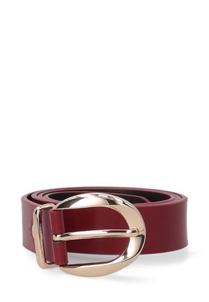 Burgundy leather belt with a shiny gold D-shaped buckle. Smooth texture, flat design, with a seamless strap coil and no visible stitching.