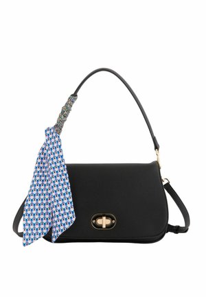 Black leather handbag with gold-tone turn-lock clasp, decorated with a patterned blue and white scarf tied to the handle.