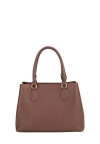 Borsa a mano in pelle marrone con texture, forme rettangolare, manici superiori doppi e accessori in metallo color oro. Presenta un design sobrio.