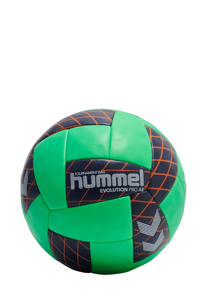 Grøn og sort håndbold med en tekstureret overflade, paneldesign, logo og orange rutemønster. Velegnet til turneringer.