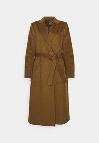 Trench coat in lana marrone con cintura, caratterizzato da un colletto a revers, maniche lunghe e due tasche frontali. Texture liscia e design sartoriale.