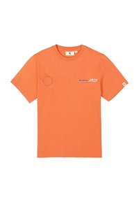 Kurze Ärmel, orange T-Shirt aus Baumwolle. Hat einen runden Aufdruck und Text auf der Vorderseite sowie ein Logo auf dem Ärmel. Klassisches Rundhalsdesign.