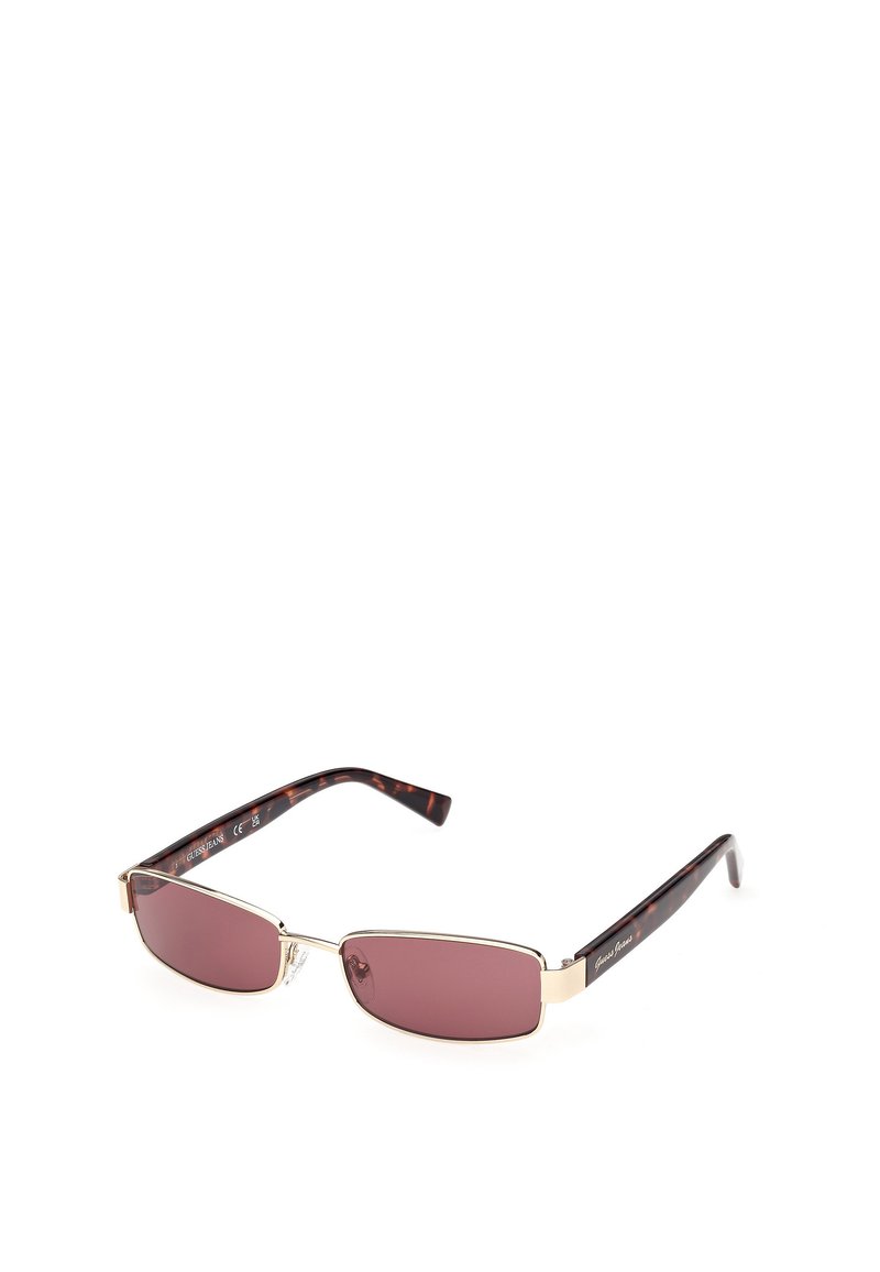 Sunglasses with rectangular dark pink lenses, thin gold metal accents, and tortoiseshell-patterned plastic arms.