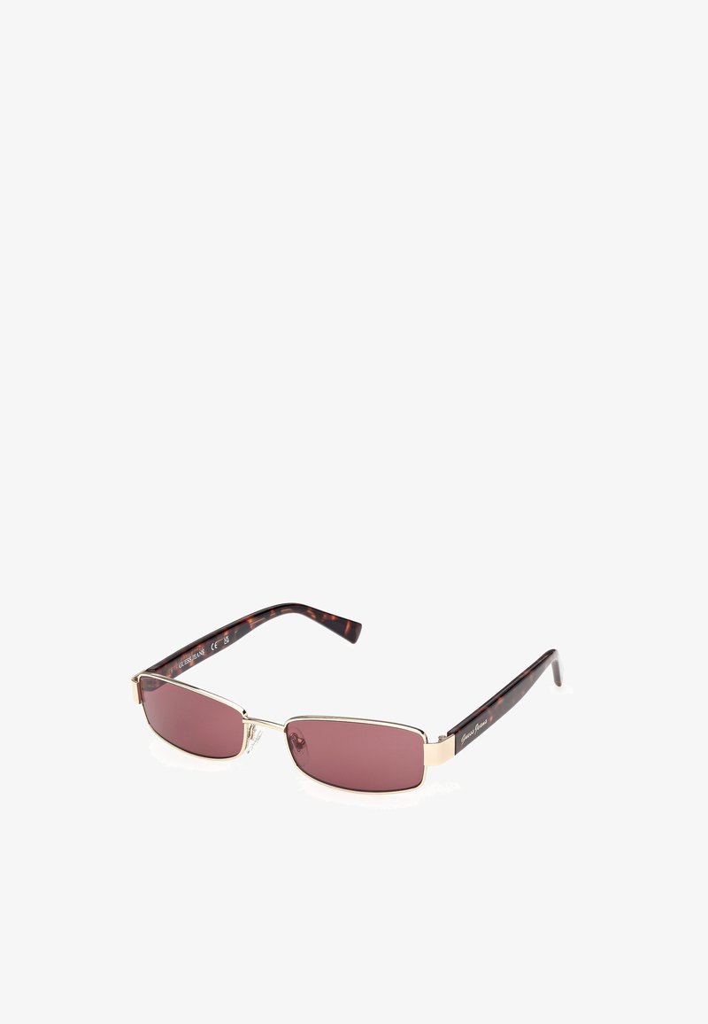 Sunglasses with rectangular dark pink lenses, thin gold metal accents, and tortoiseshell-patterned plastic arms.