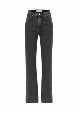 Sorte jeans med høj talje og lige ben, med knap- og lynlåslukning, for- og baglommer samt Calvin Klein Jeans mærke på linningen.