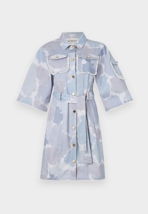Light blue denim dress featuring a tie belt, two chest pockets, and short sleeves. Distressed edges and cloud-like pattern throughout.