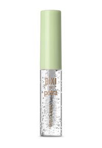 Tube transparent avec un capuchon vert menthe, contenant un gel clair avec des bulles. Présente le nom de la marque "pixi by petra" en lettres bronze.