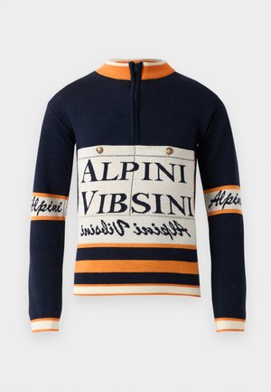 Sweater de manga longa azul-marinho e laranja com fecho de acolchoado, texto "Alpini VIBSINI" na frente e punhos e barra listrados.