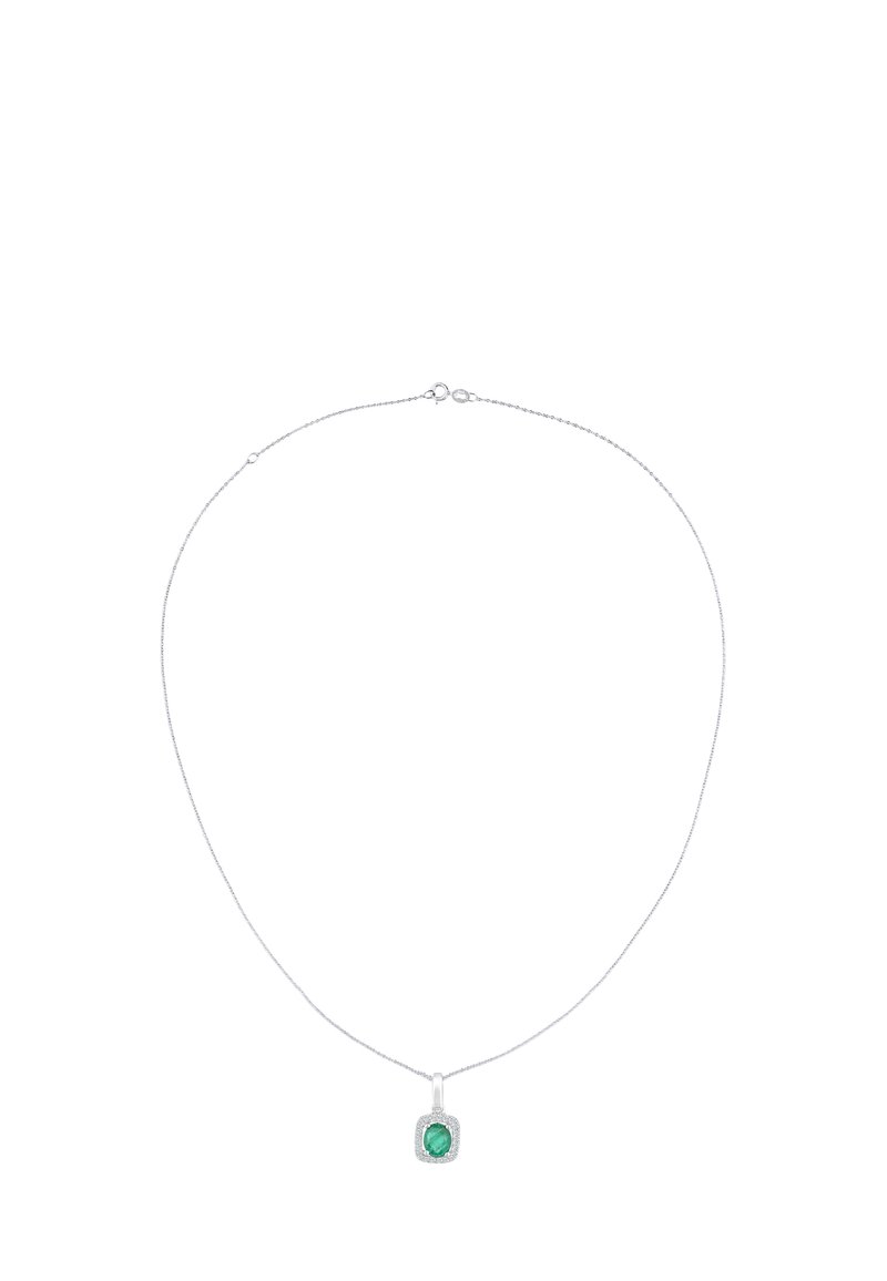 Collana d'argento con una catena sottile, caratterizzata da un ciondolo quadrato in pietra verde circondato da una cornice testurizzata in argento.