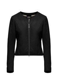 Giacca in pelle nera con chiusura a zip, colletto rotondo, design aderente e maniche lunghe. Presenta una zip centrale e una texture liscia.