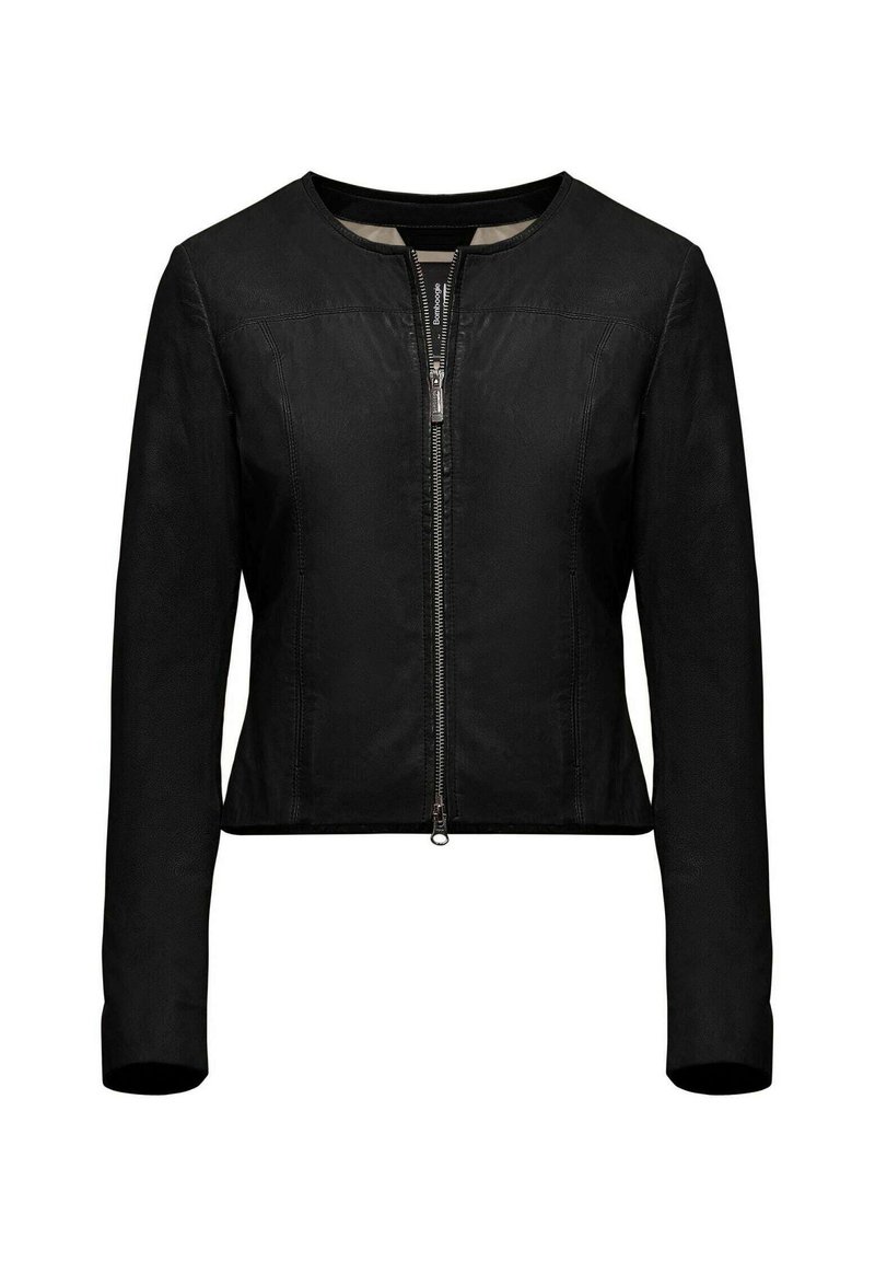 Giacca in pelle nera con chiusura a zip, colletto rotondo, design aderente e maniche lunghe. Presenta una zip centrale e una texture liscia.