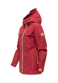 Czerwona wodoodporna kurtka z kapturem, przednim zamkiem błyskawicznym, kieszeniami na piersi z guzikami, bocznymi kieszeniami oraz regulowanymi paskami w talii i na mankietach.